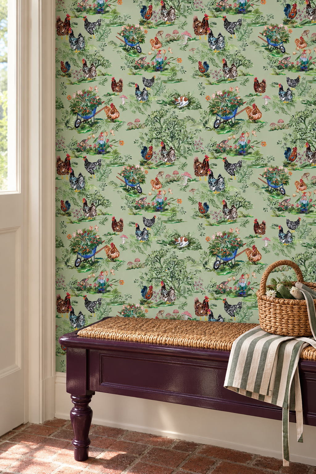 Watercolor chicken toile wallpaper with hens, gnomes, wild mushrooms, and bunnies arranged in a whimsical repeating pastoral scene.