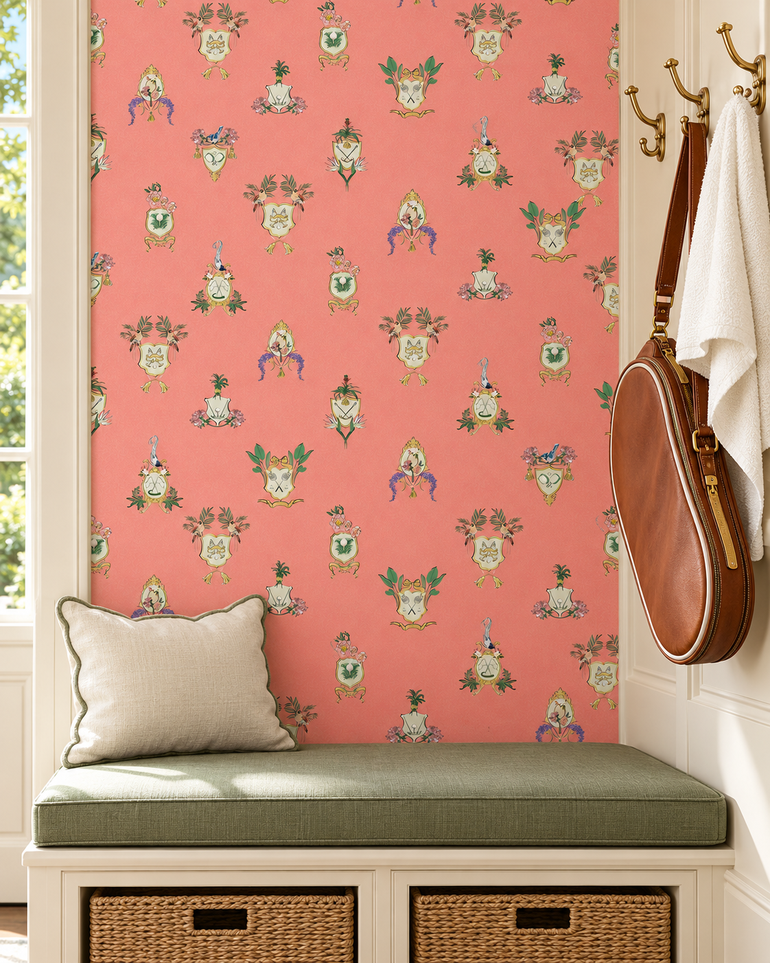 Country Club Crests washable performance vinyl wallpaper with tennis, golf and paddle crests, birds and florals on an pink coral background
