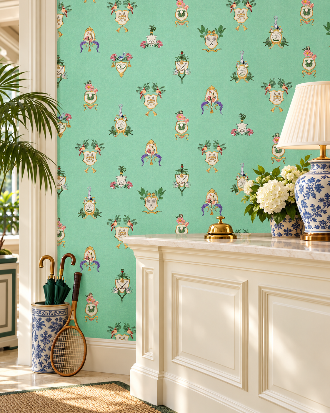 Country Club Crests traditional matte wallpaper with hand-painted tennis, golf and paddle crests, birds and florals on an bright aqua green background.