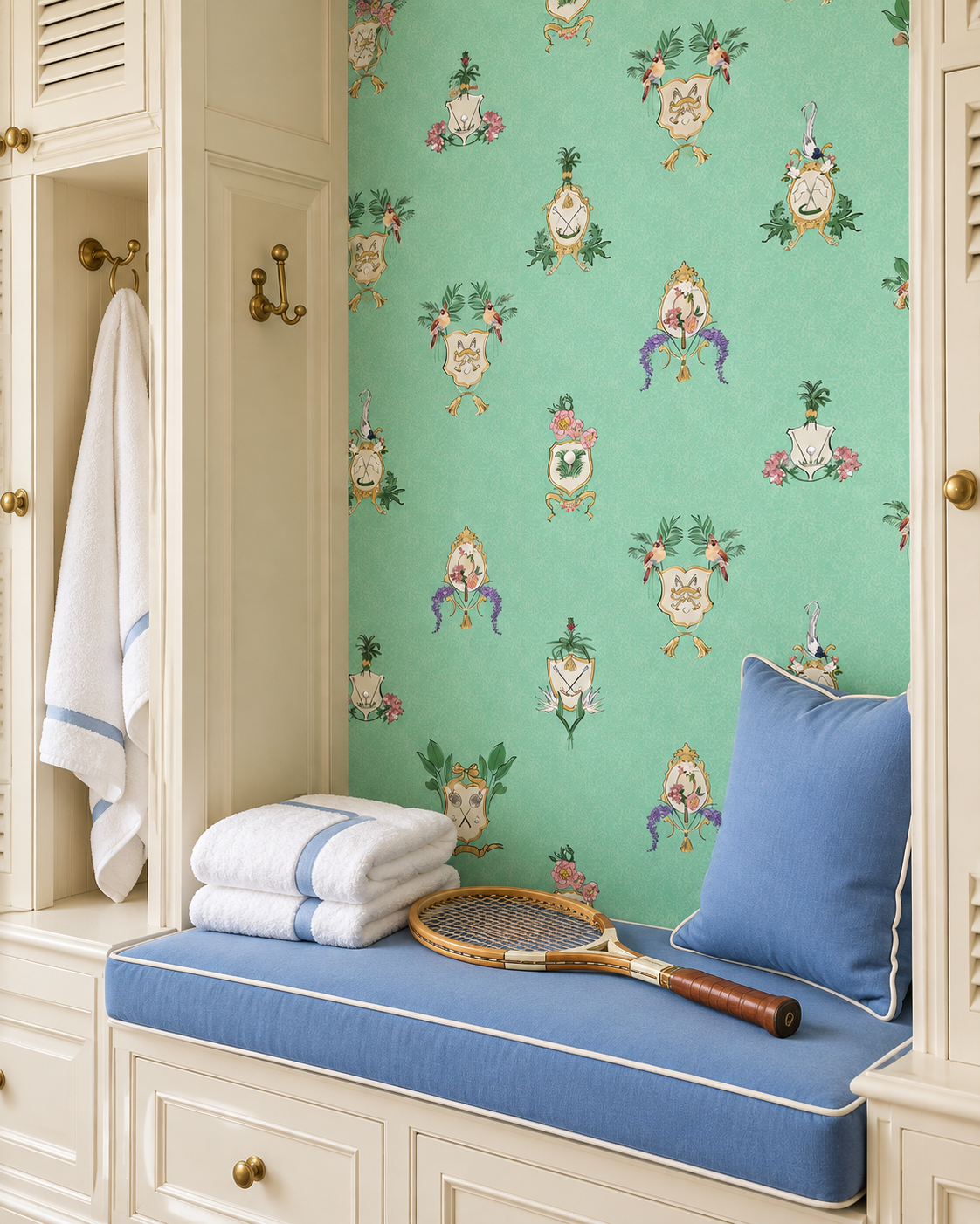 Country Club Crests washable performance vinyl wallpaper with tennis, golf and paddle crests, birds and florals on an aqua green background