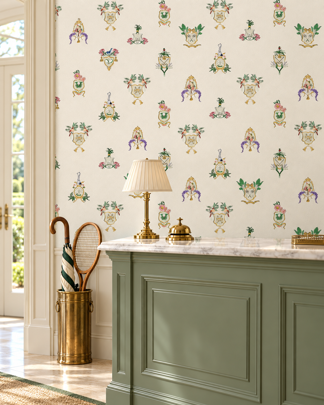 Country Club Crests traditional matte wallpaper with hand-painted tennis, golf and paddle crests, birds and florals on a neutral tan and white background.