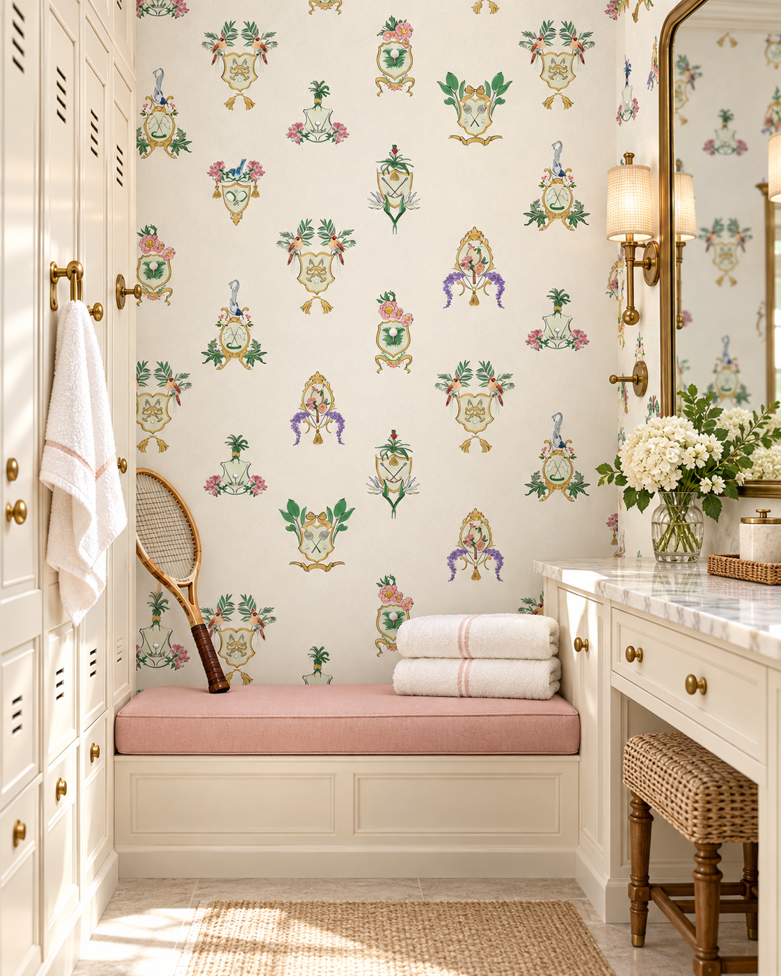 Country Club Crests washable performance vinyl wallpaper with tennis, golf and paddle crests, birds and florals on an neutral tan and white background