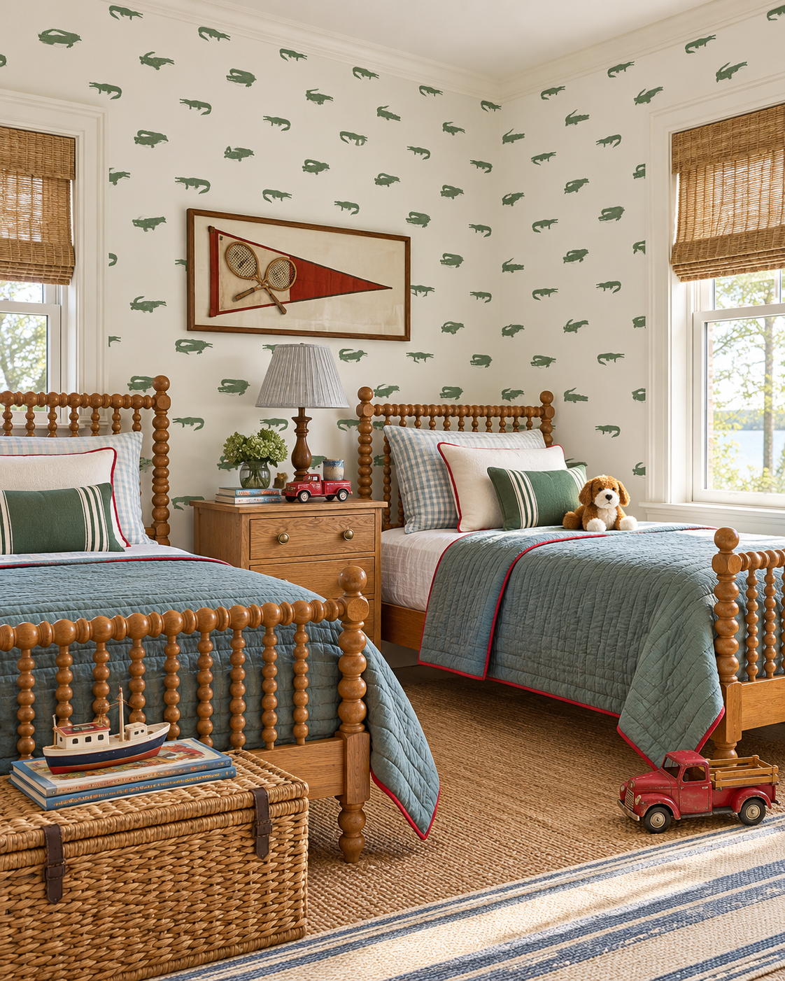 kid's bedroom with fun green and white coastal crocodile wallpaper design