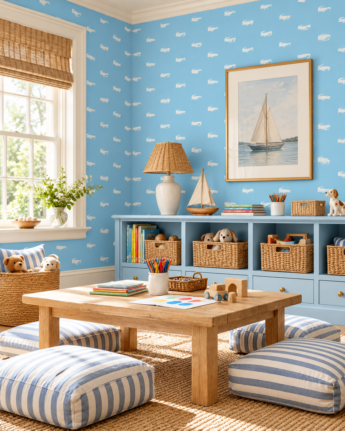 playful blue and white crocodile animal wallpaper featured in this coastal kids playroom