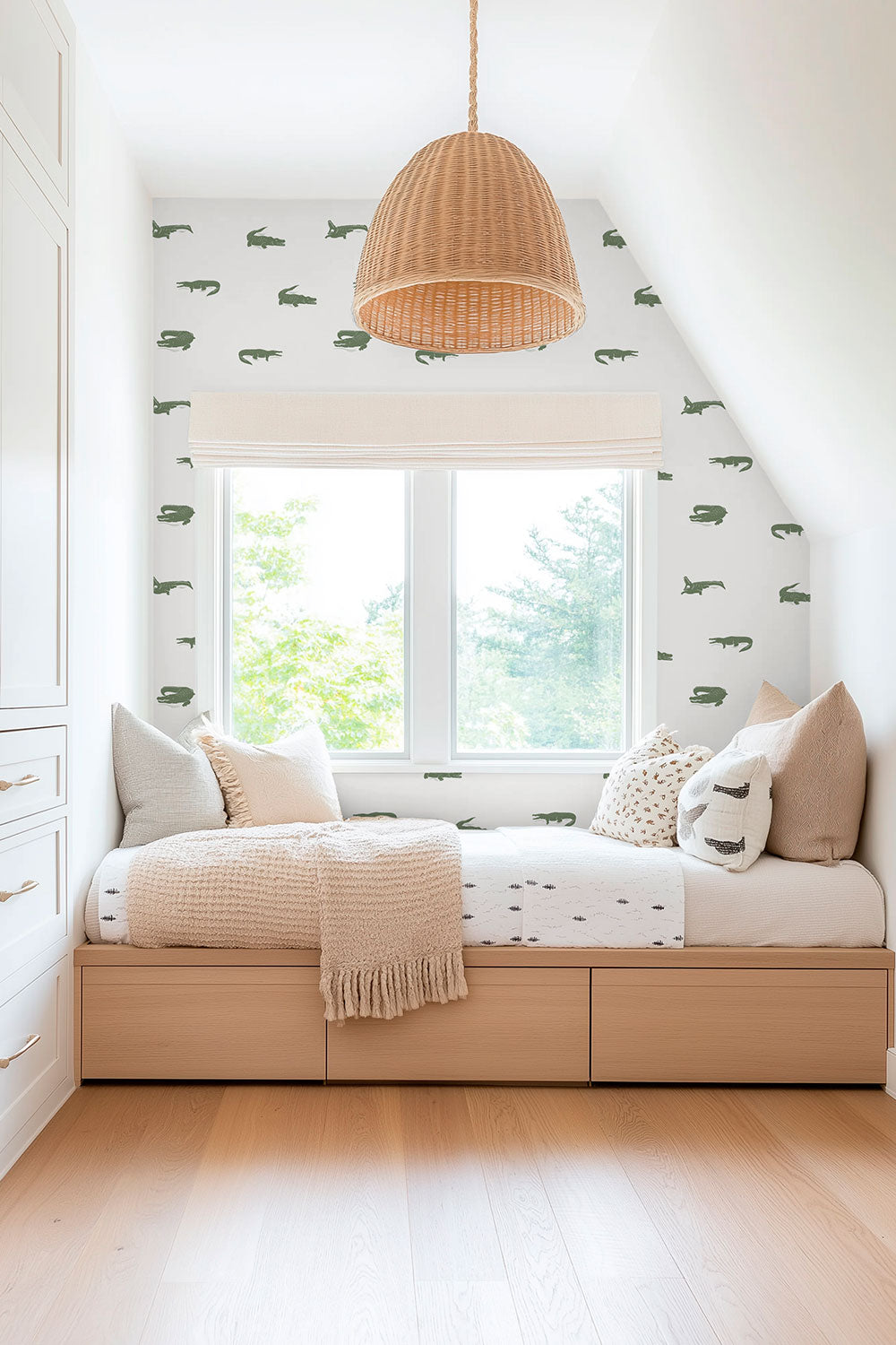 playful crocodile animal wallpaper, commercial grade water and stain resistant performance vinyl wall-covering, great for high traffic kid's spaces