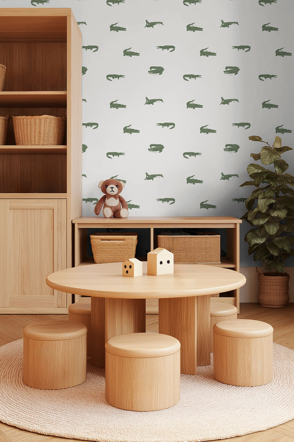 modern beach house play room with fun green and white coastal crocodile wallpaper design