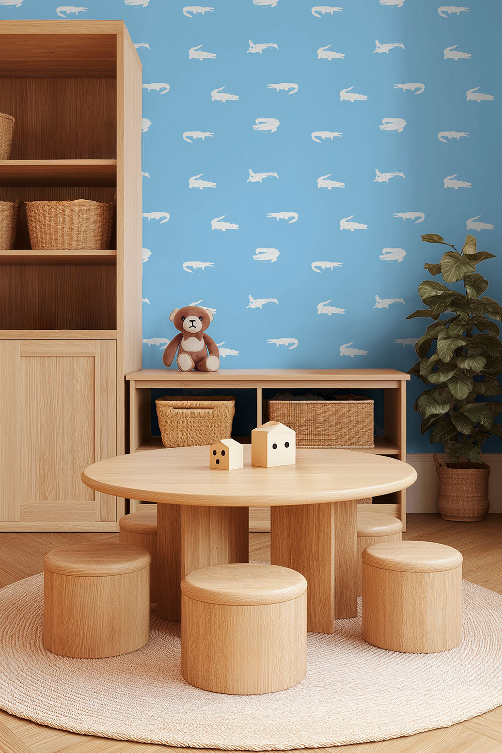 playful crocodile animal wallpaper, commercial grade water and stain resistant performance vinyl wall-covering, great for high traffic kid's spaces