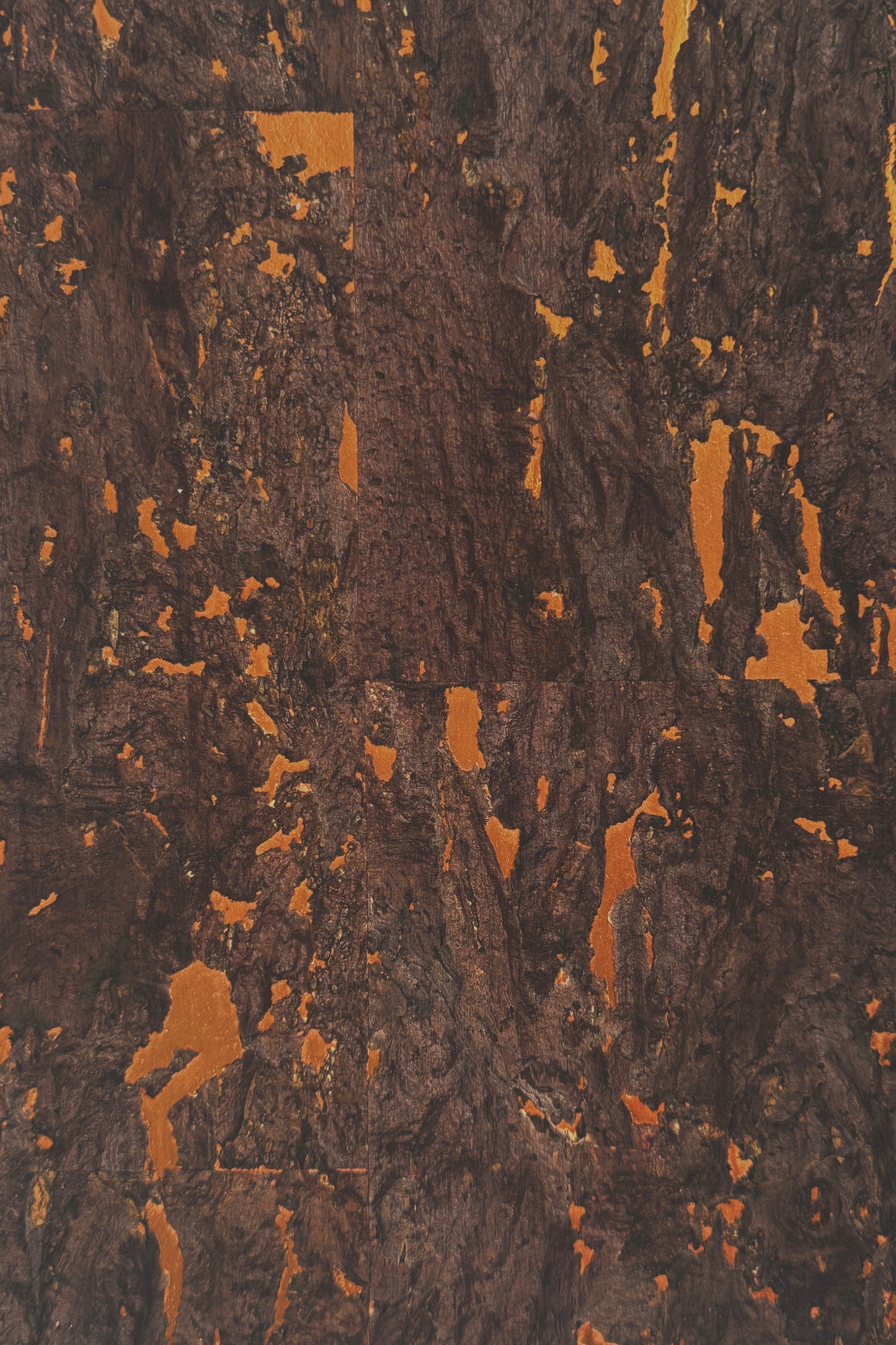 Dark Cork Wallpaper with Copper Accents — close-up of deep brown cork wallpaper featuring bold metallic copper highlights.