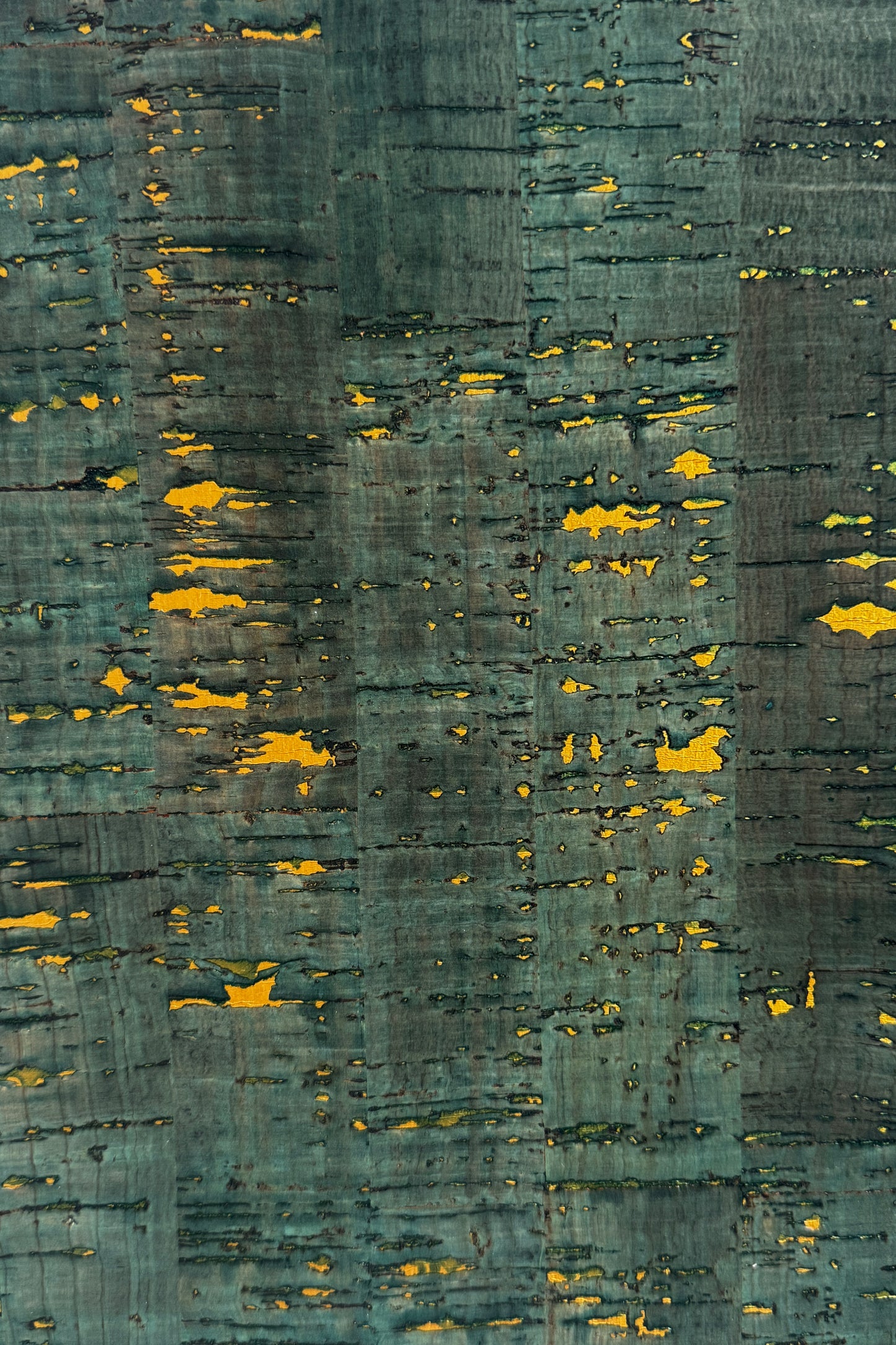 Teal Cork Wallpaper with Gold Accents — close-up of teal and green cork wallpaper with shimmering gold details and linear natural texture.