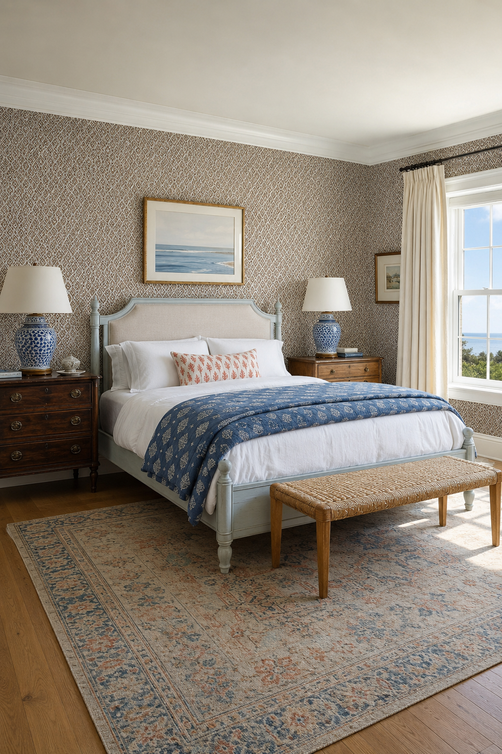 A styled bedroom interior featuring a light blue wooden bed with white linens and a blue patterned throw, set on a large patterned area rug. The room has patterned wallpaper, matching blue and white bedside tables and lamps, a woven bench at the foot of the bed, and a window with cream curtains. Diamond Geometric Paperweave Wallpaper | All-Natural Sisal