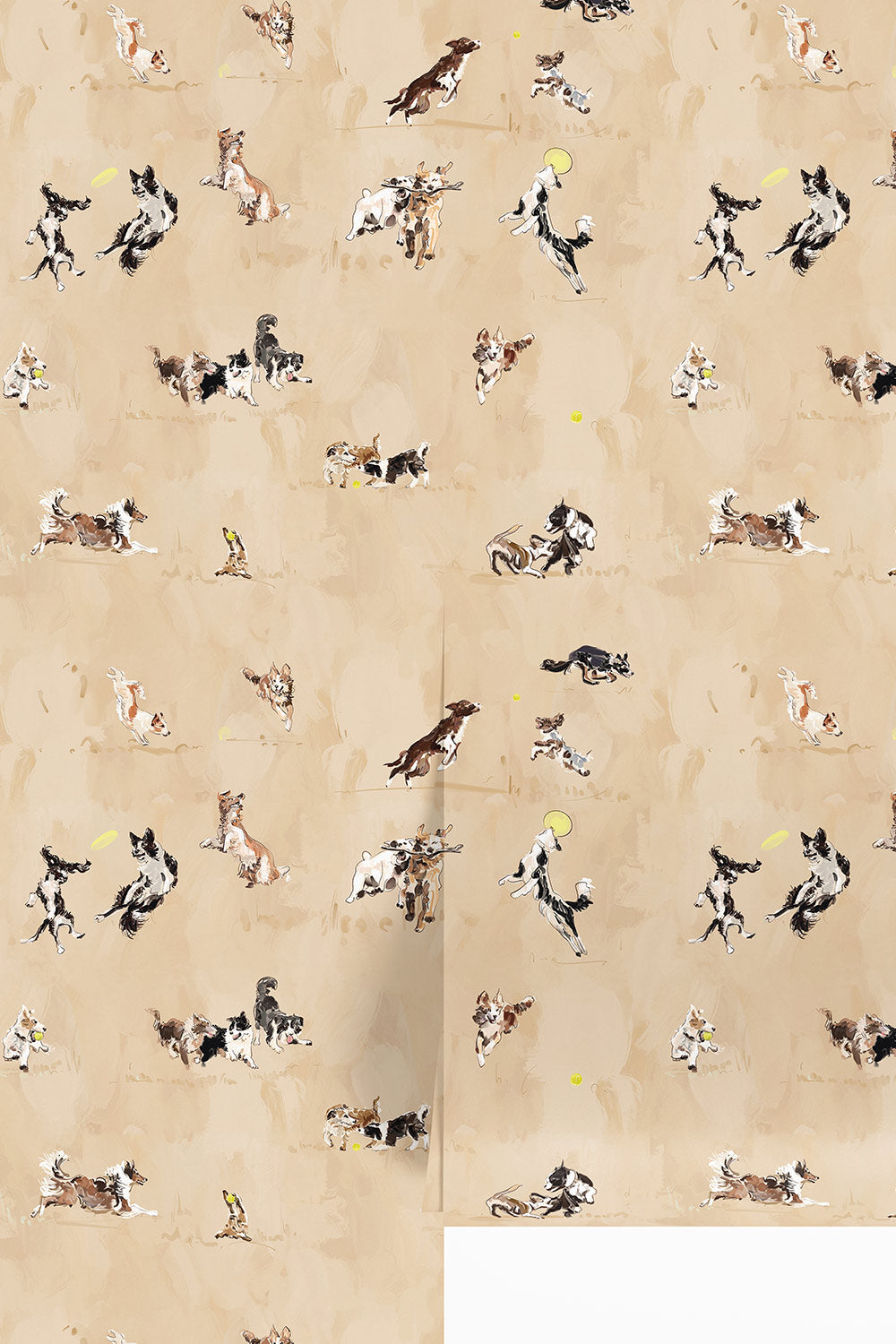 dog wallpaper, kids dog bedroom wallpaper, playful dog wallcovering, dog park wallpaper, hand drawn dog pattern, pet-friendly home wallpaper, mudroom dog wallpaper, whimsical dog decor