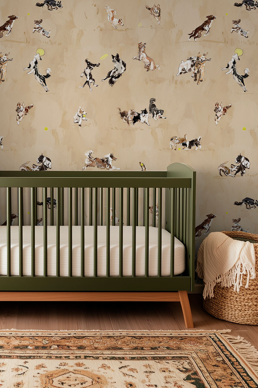 Hand-illustrated wallpaper featuring playful dogs in motion—jumping, chasing balls, wrestling and running—shown in multiple colorways including blue, tan, and green.