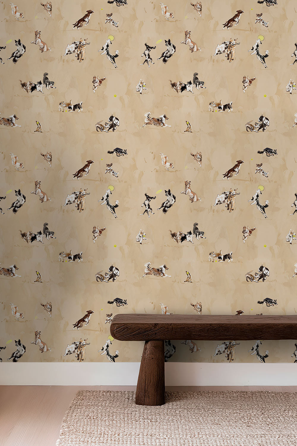 Textured commercial vinyl wallpaper featuring hand-drawn dogs leaping, playing, and chasing balls; ideal for dog spas, grooming studios, and pet retail spaces.
