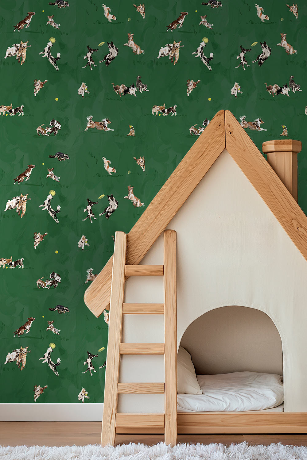 Textured commercial vinyl wallpaper featuring hand-drawn dogs leaping, playing, and chasing balls; ideal for dog spas, grooming studios, and pet retail spaces.