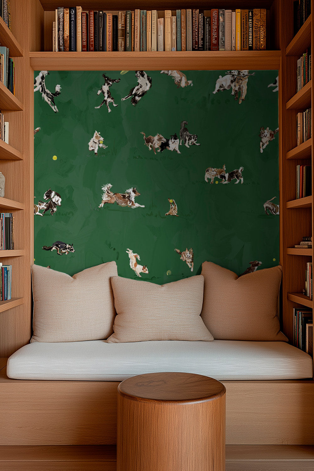 Hand-illustrated wallpaper featuring playful dogs in motion—jumping, chasing balls, wrestling and running—shown in multiple colorways including blue, tan, and green.