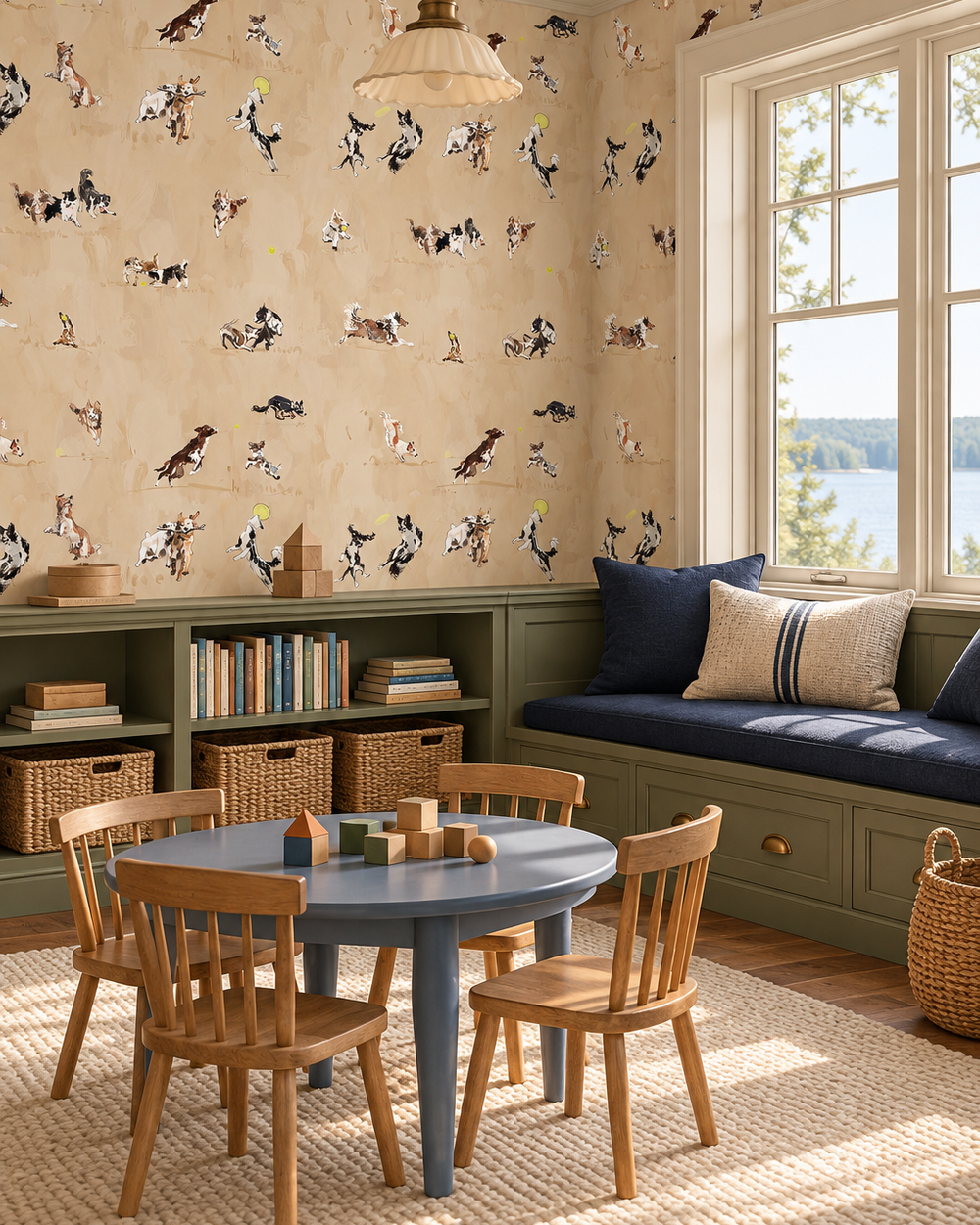 Hand-illustrated wallpaper featuring playful dogs in motion—jumping, chasing balls, wrestling and running—shown in multiple colorways including blue, tan, and green.