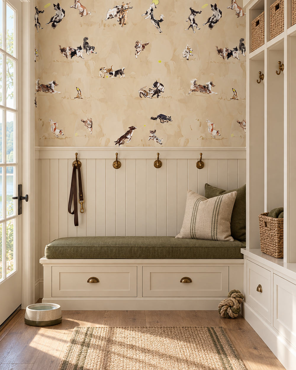 Textured commercial vinyl wallpaper featuring hand-drawn dogs leaping, playing, and chasing balls; ideal for dog spas, grooming studios, and pet retail spaces.