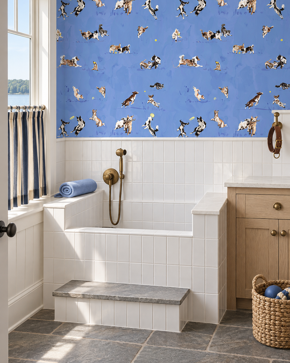 Textured commercial vinyl wallpaper featuring hand-drawn dogs leaping, playing, and chasing balls; ideal for dog spas, grooming studios, and pet retail spaces.