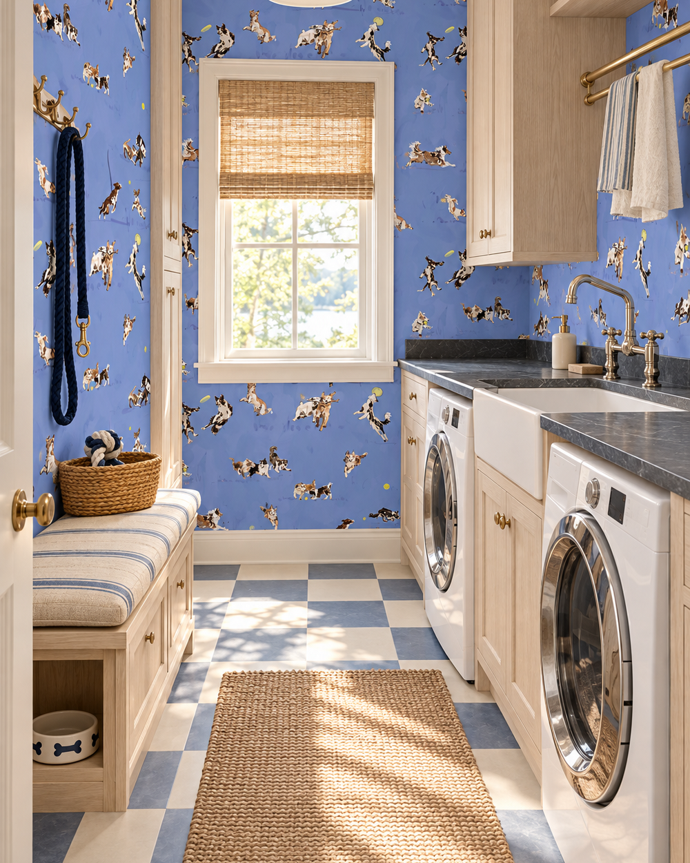 A bright laundry room with blue patterned wallpaper, a built-in wooden bench with a striped cushion, a window with a woven shade, and white washing machines and a sink. A woven rug lies on the blue-and-white checkered floor. Hand-illustrated wallpaper featuring playful dogs in motion—jumping, chasing balls, wrestling and running—shown in multiple colorways including blue, tan, and green.