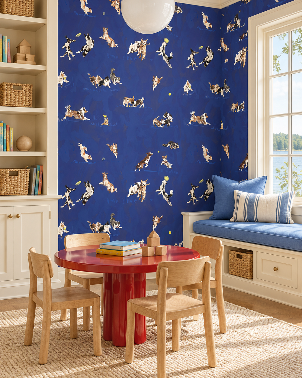 Hand-illustrated wallpaper featuring playful dogs in motion—jumping, chasing balls, wrestling and running—shown in multiple colorways including blue, tan, and green.