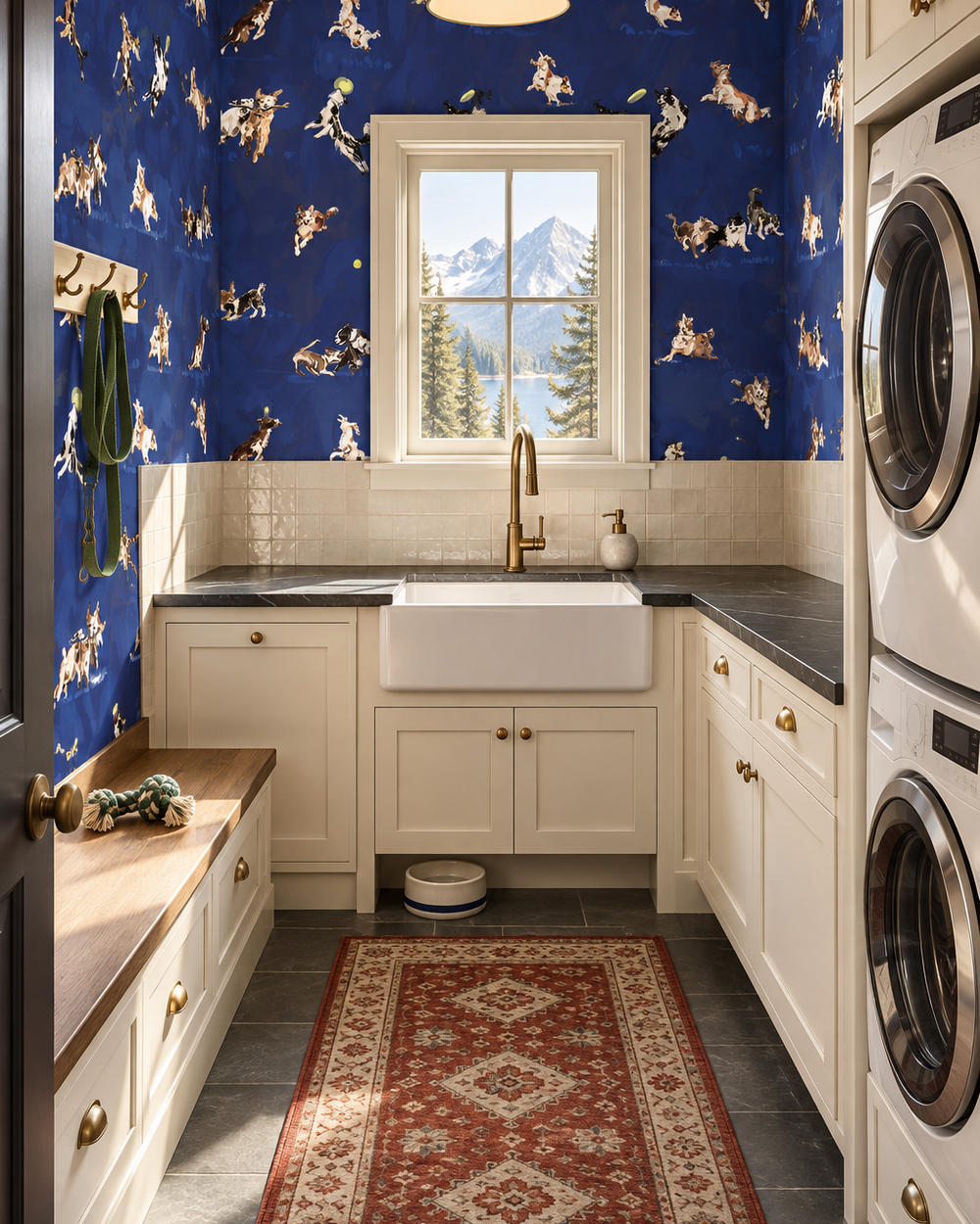A luxury laundry room featuring a bold royal blue wallpaper with a white horse pattern, cream shaker cabinets, a white farmhouse sink with a gold faucet, a red patterned runner rug, and a stacked washer and dryer on the right. Textured commercial vinyl wallpaper featuring hand-drawn dogs leaping, playing, and chasing balls; ideal for dog spas, grooming studios, and pet retail spaces.