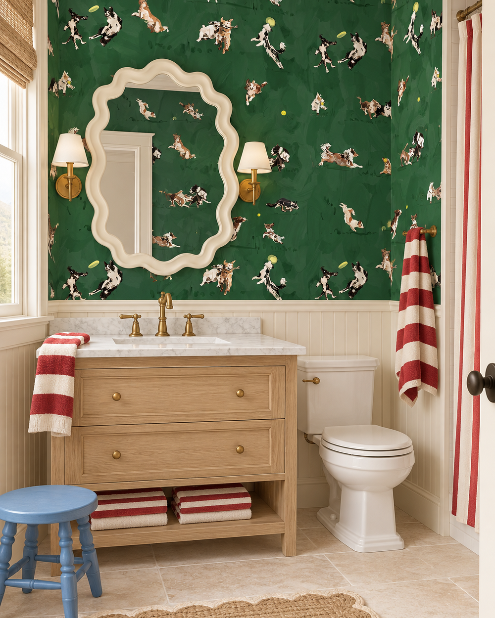Textured commercial vinyl wallpaper featuring hand-drawn dogs leaping, playing, and chasing balls; ideal for dog spas, grooming studios, and pet retail spaces.