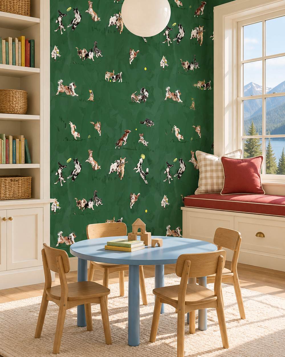 Hand-illustrated wallpaper featuring playful dogs in motion—jumping, chasing balls, wrestling and running—shown in multiple colorways including blue, tan, and green.