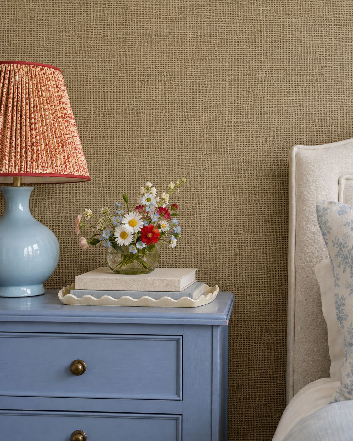 Eco-Friendly Artisanal Basketweave Wallpaper in Natural Sisal Tan featured in a cozy guest bedroom suite