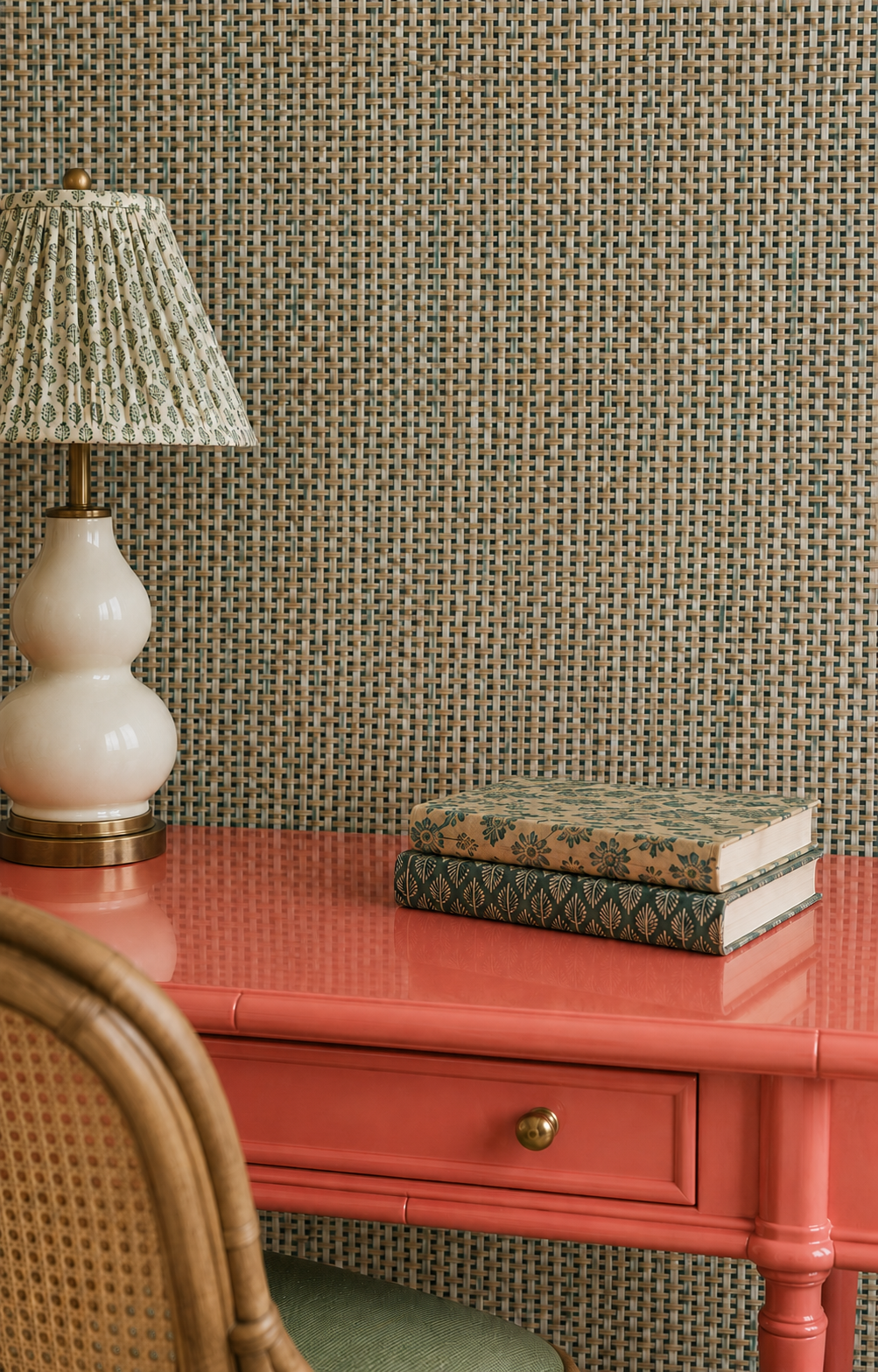 A coral pink wooden desk with a single drawer and brass knob, styled with a white ceramic table lamp and two patterned books against a textured beige and gray woven wall. A woven-back chair is partially visible in the foreground. green ombre and tan earth tone basketweave woven wallpaper
