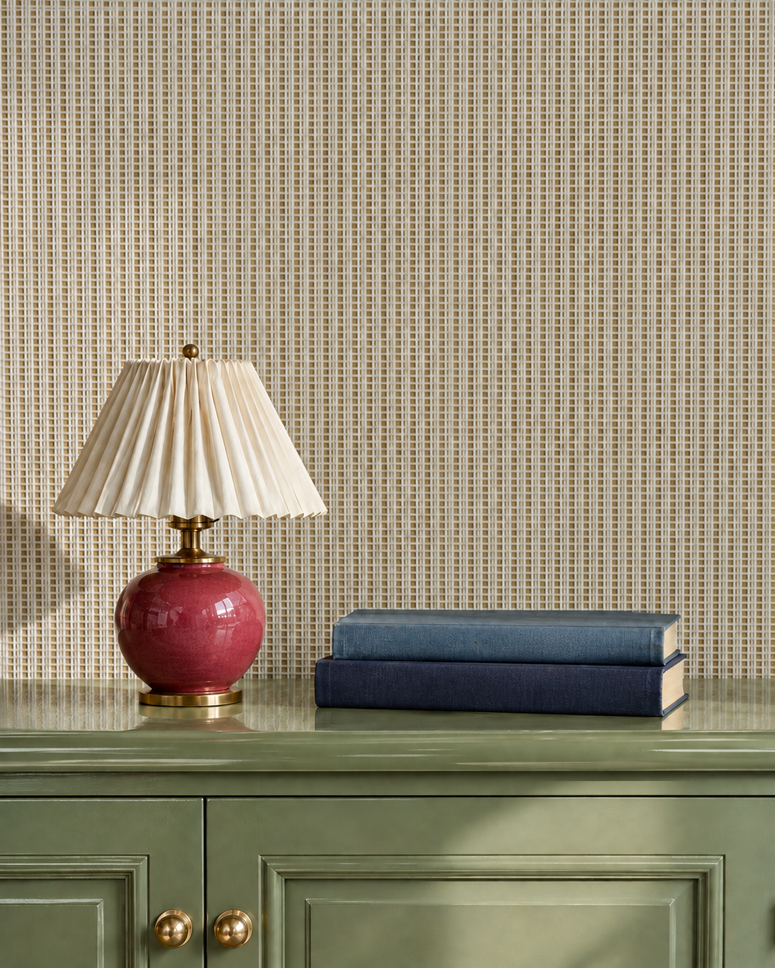 Natural woven paperweave wallpaper swatch in neutral textured sisal with square open lattice pattern, ivory on tan featured behind this bedroom cradenza
