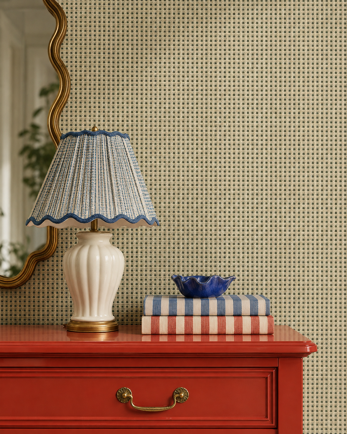 Natural woven paperweave wallpaper swatch in neutral textured sisal on moss green with square lattice pattern featured in this traditional foyer entryway