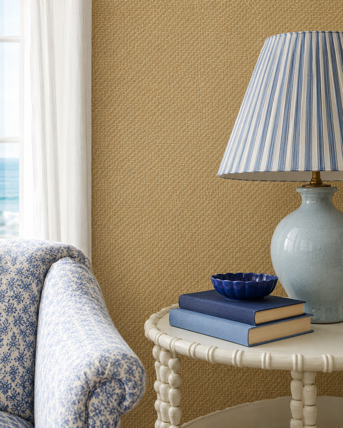 Eco-Friendly Woven Zig-Zag Paperweave Wallpaper – Natural Sisal Fiber featured in this coastal living room