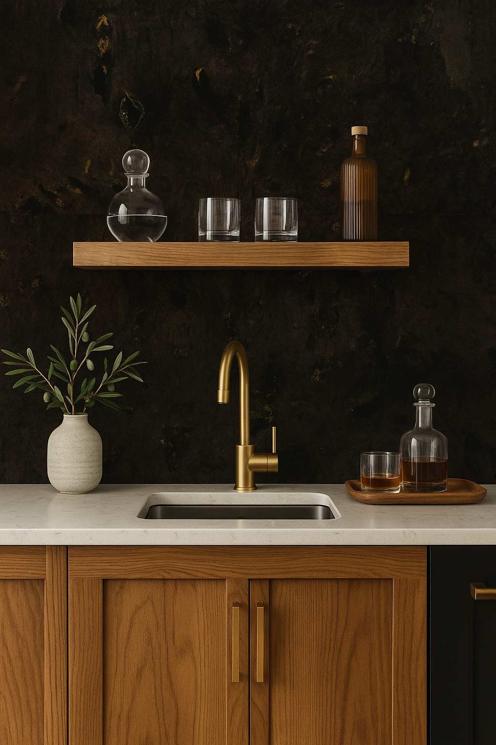 Dark Brown Cork Wallpaper with Black Accents — close-up of deep brown cork wallpaper featuring bold metallic black highlights.