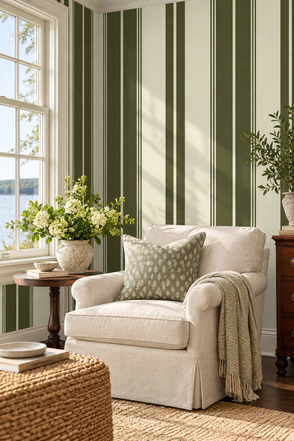 Estate Stripe traditional matte wallpaper featuring bold vertical stripes in a classic, tailored design for timeless interiors in moss green and cream classic stripe for living rooms