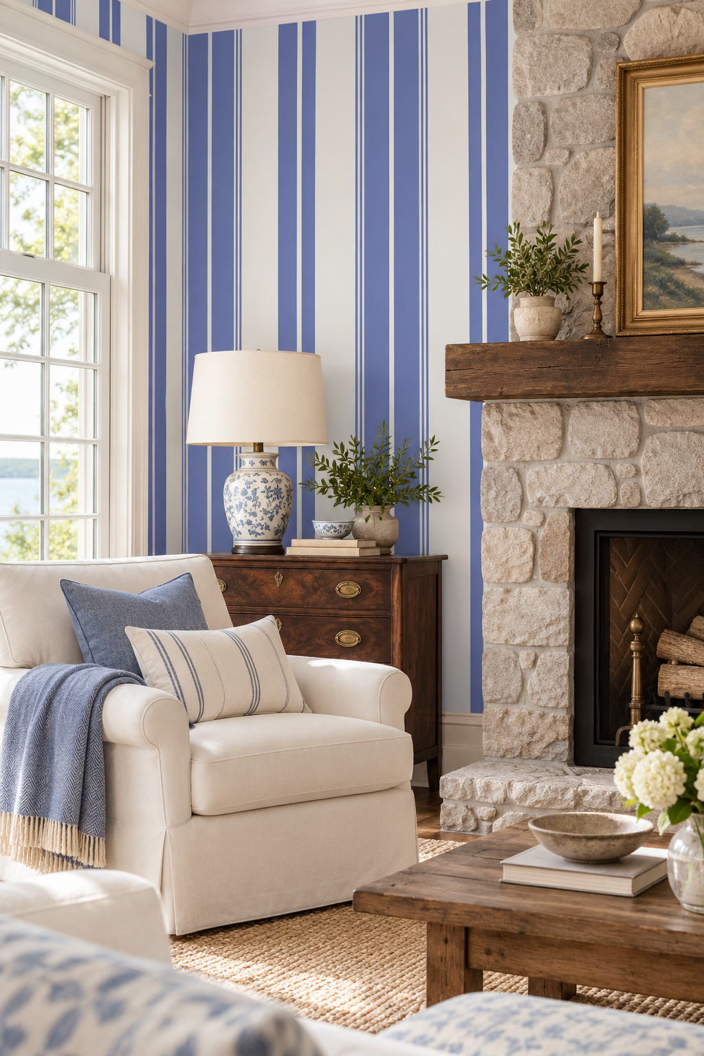 state Stripe traditional matte wallpaper featuring bold vertical stripes in a classic, tailored design for timeless interiors in preppy periwinkle blue and white classic stripe for coastal living rooms