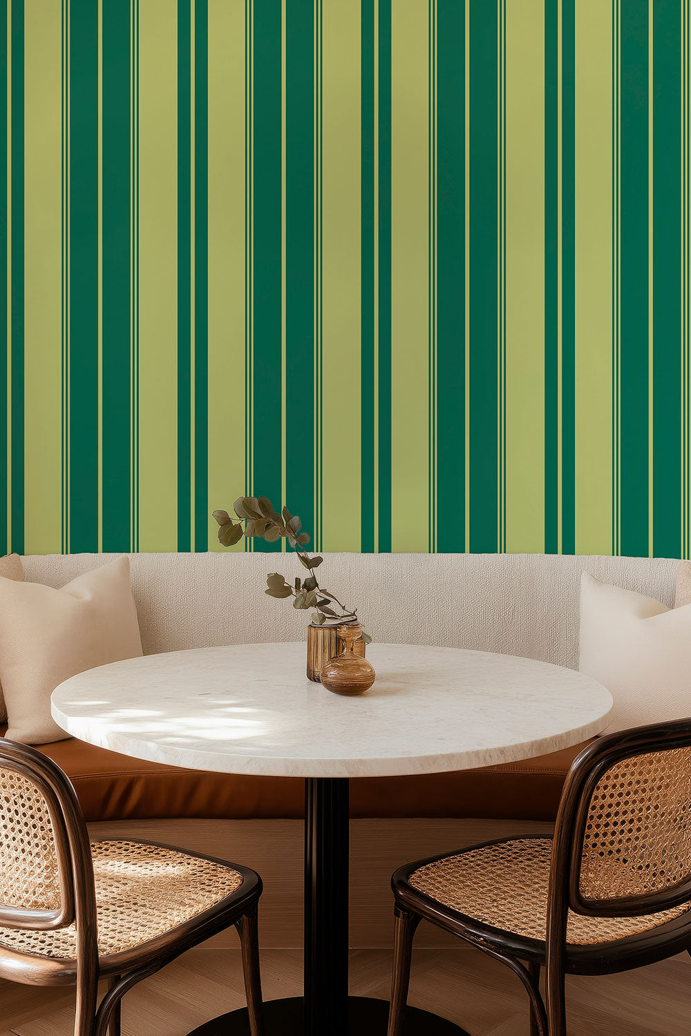 Estate Stripe traditional matte wallpaper featuring bold vertical stripes in a classic, tailored design for timeless interiors in bold green stripe wallcovering for dining rooms