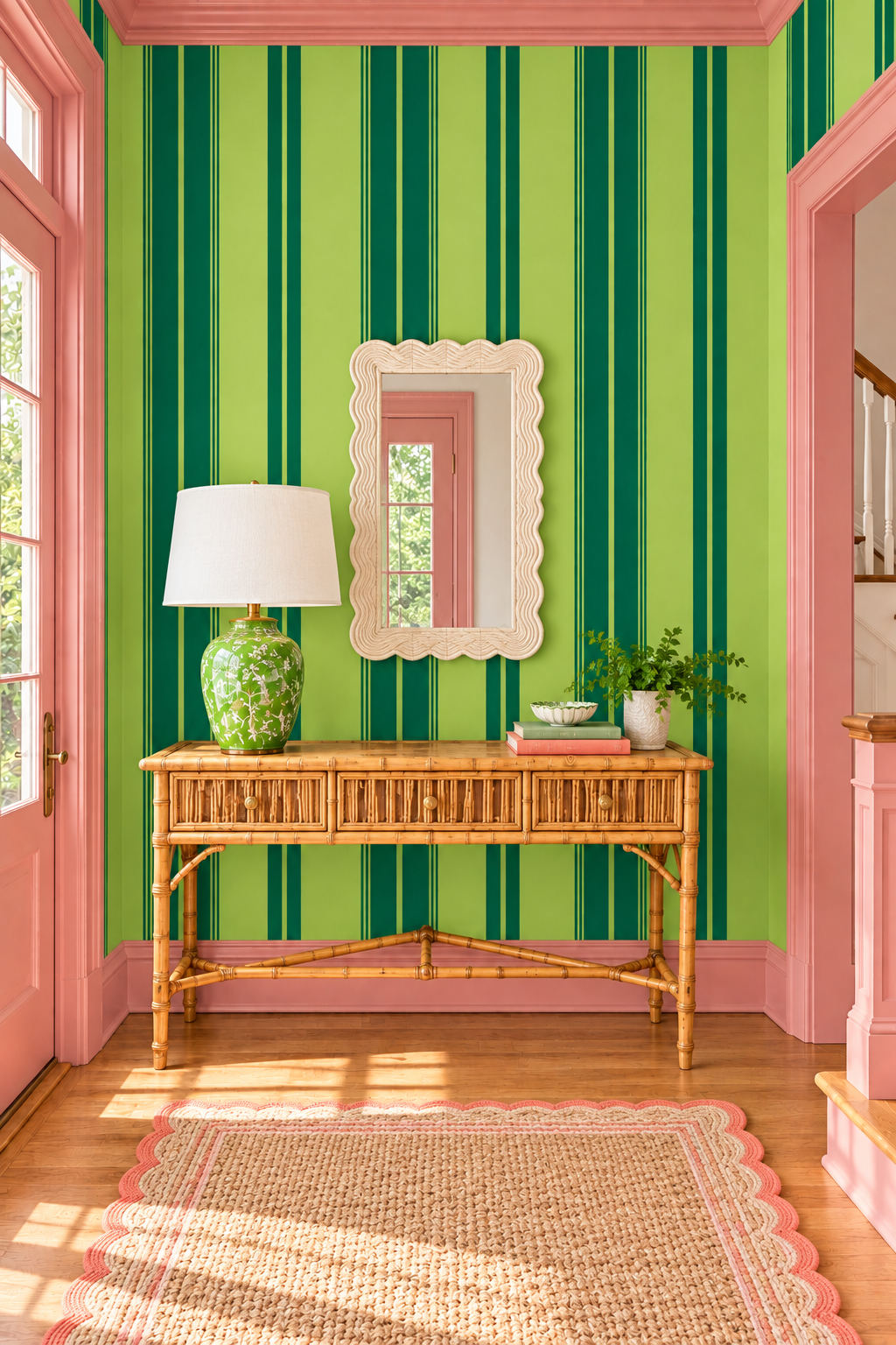Estate Stripe traditional matte wallpaper featuring bold vertical stripes in a classic, tailored design for timeless interiors in bold green stripe wallcovering for foyers