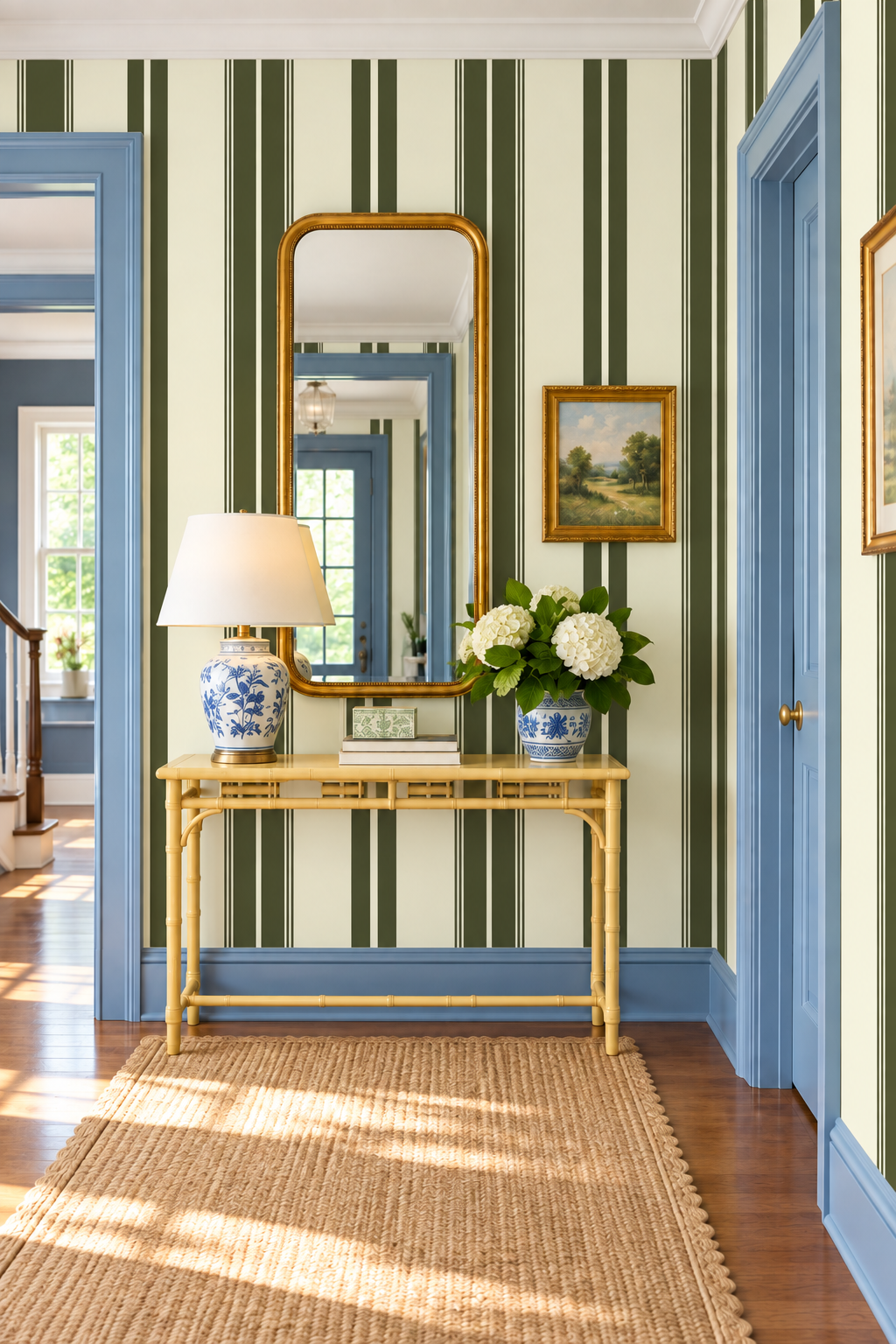 Estate Stripe grasscloth wallpaper with bold vertical stripes and natural woven texture, adding depth and tailored elegance to classic interiors in green on cream for foyers