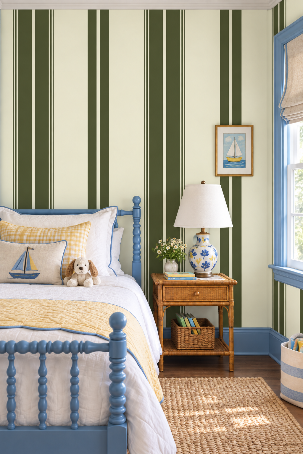 Estate Stripe performance vinyl wallpaper featuring bold vertical stripes with a durable, easy-care finish for high-traffic interiors and bathrooms, kid's rooms and mudrooms in green and white stripe