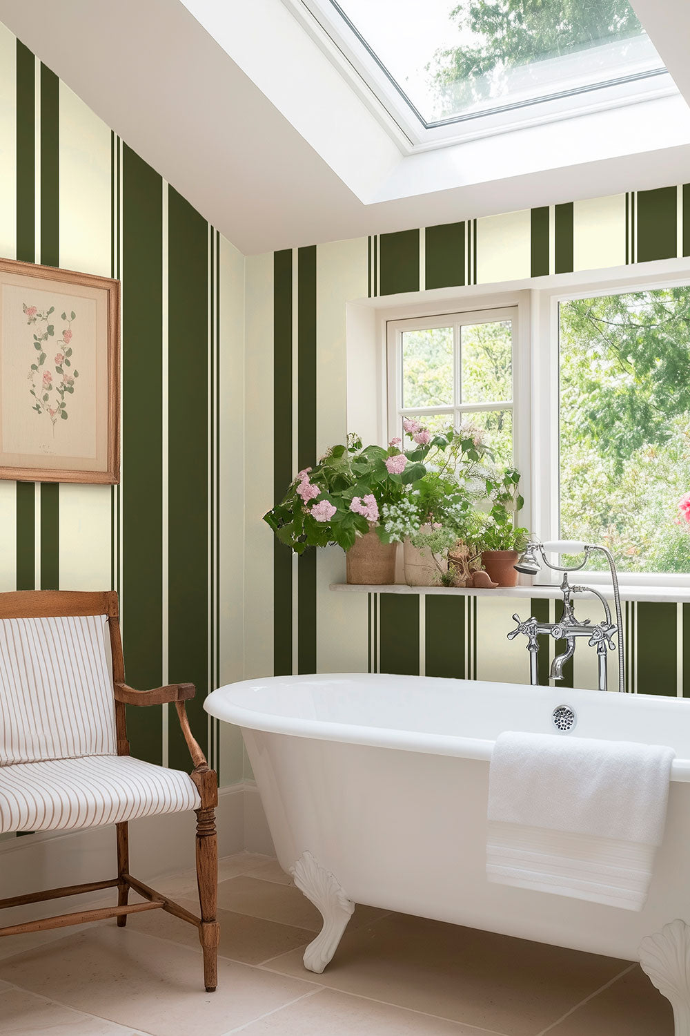 Estate Stripe performance vinyl wallpaper featuring bold vertical stripes with a durable, easy-care finish for high-traffic interiors and bathrooms in green and white stripe