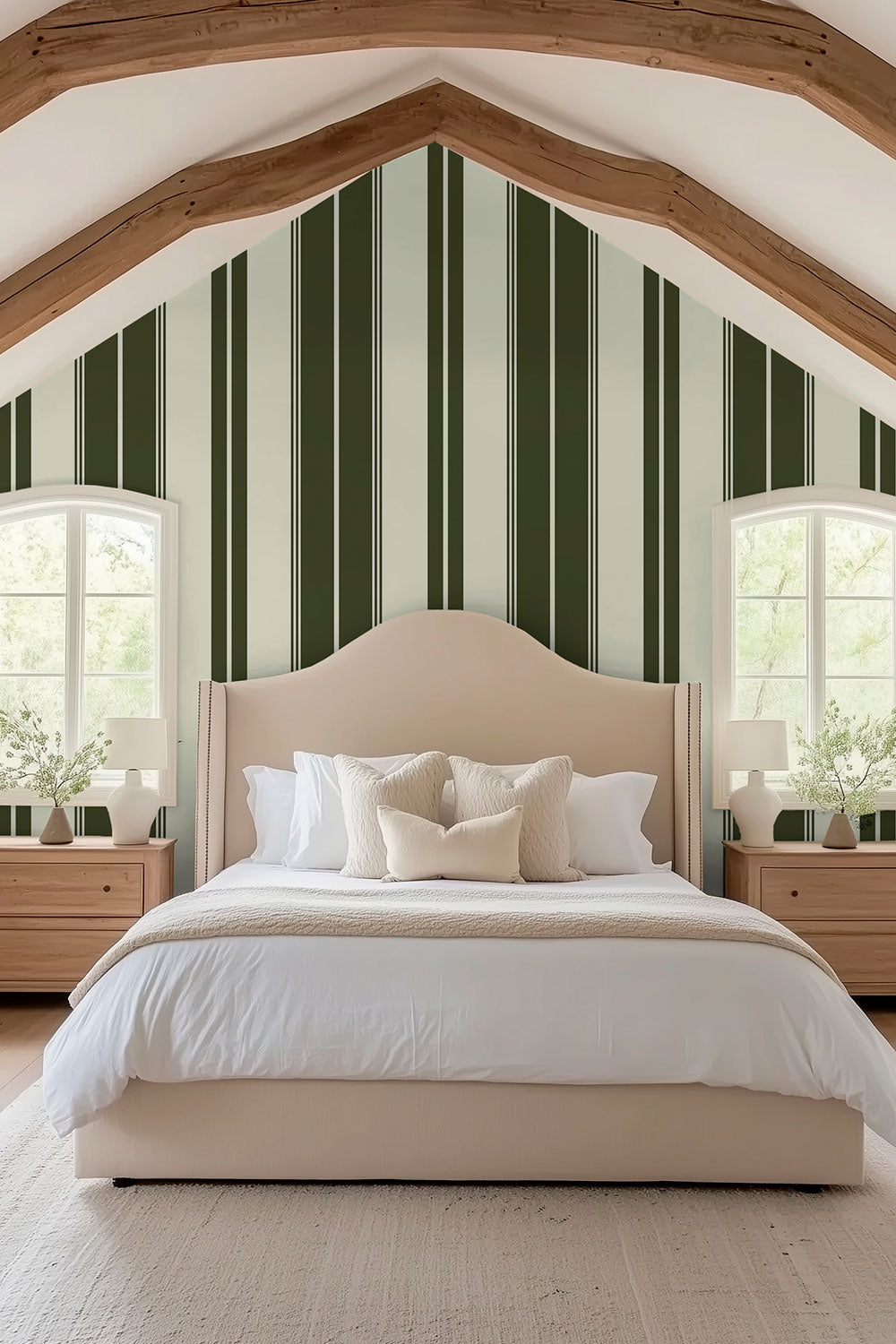 Estate Stripe traditional matte wallpaper featuring bold vertical stripes in a classic, tailored design for timeless interiors in moss green and cream classic stripe for bedrooms
