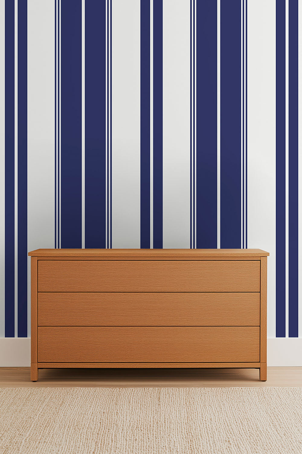 Estate Stripe traditional matte wallpaper featuring bold vertical stripes in a classic, tailored design for timeless interiors with nautical inspired blue and white wallpaper for coastal bedrooms
