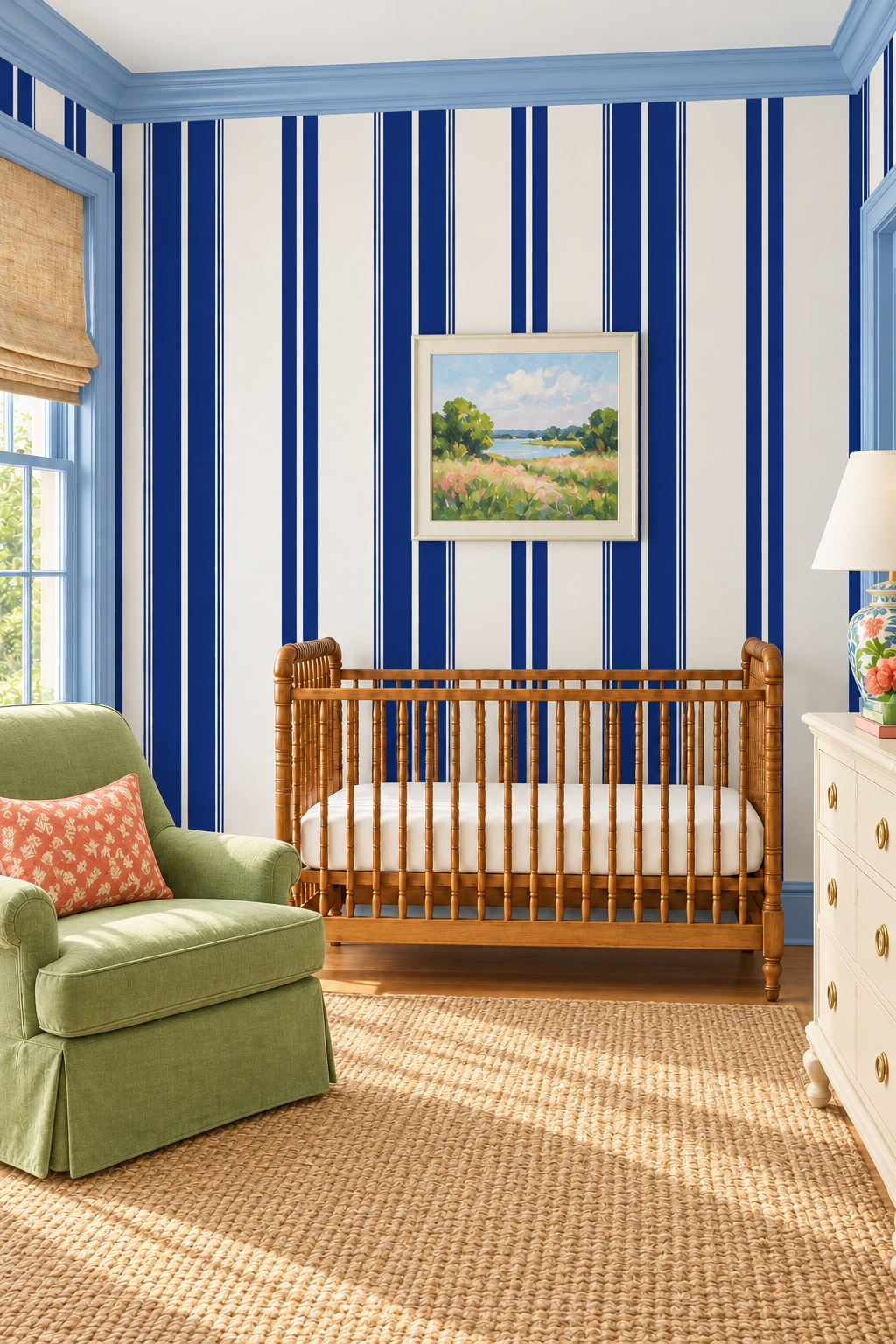 Estate Stripe traditional matte wallpaper featuring bold vertical stripes in a classic, tailored design for timeless interiors with nautical inspired blue and white wallpaper for traditional boys nurseries and bedrooms