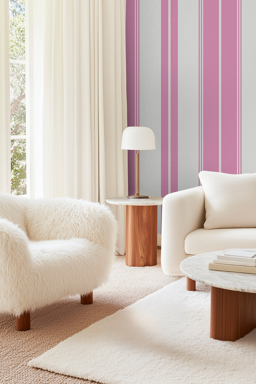 Estate Stripe traditional matte wallpaper featuring bold vertical stripes in a classic, tailored design for timeless interiors in pink and white stripe for living rooms