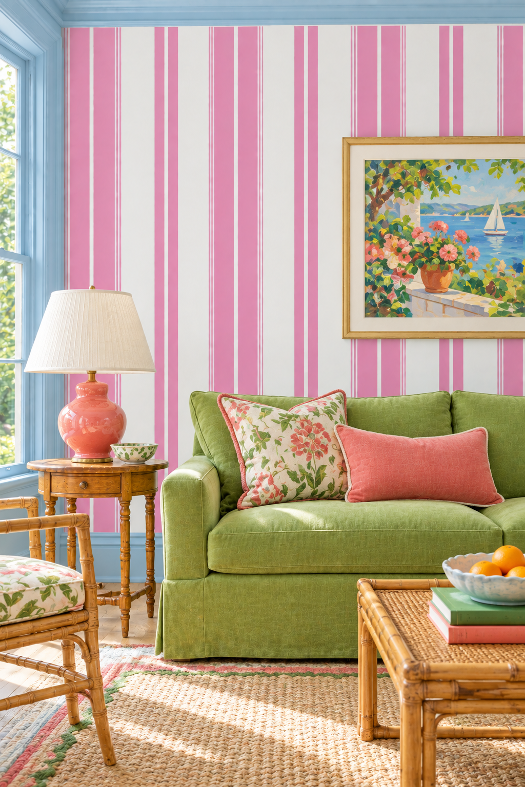 Estate Stripe traditional matte wallpaper featuring bold vertical stripes in a classic, tailored design for timeless interiors in pink and white stripe for living rooms