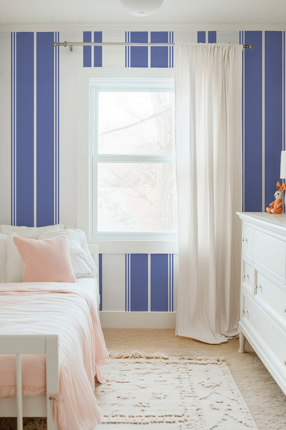Estate Stripe traditional matte wallpaper featuring bold vertical stripes in a classic, tailored design for timeless interiors in preppy periwinkle blue and white classic stripe for kid's bedrooms