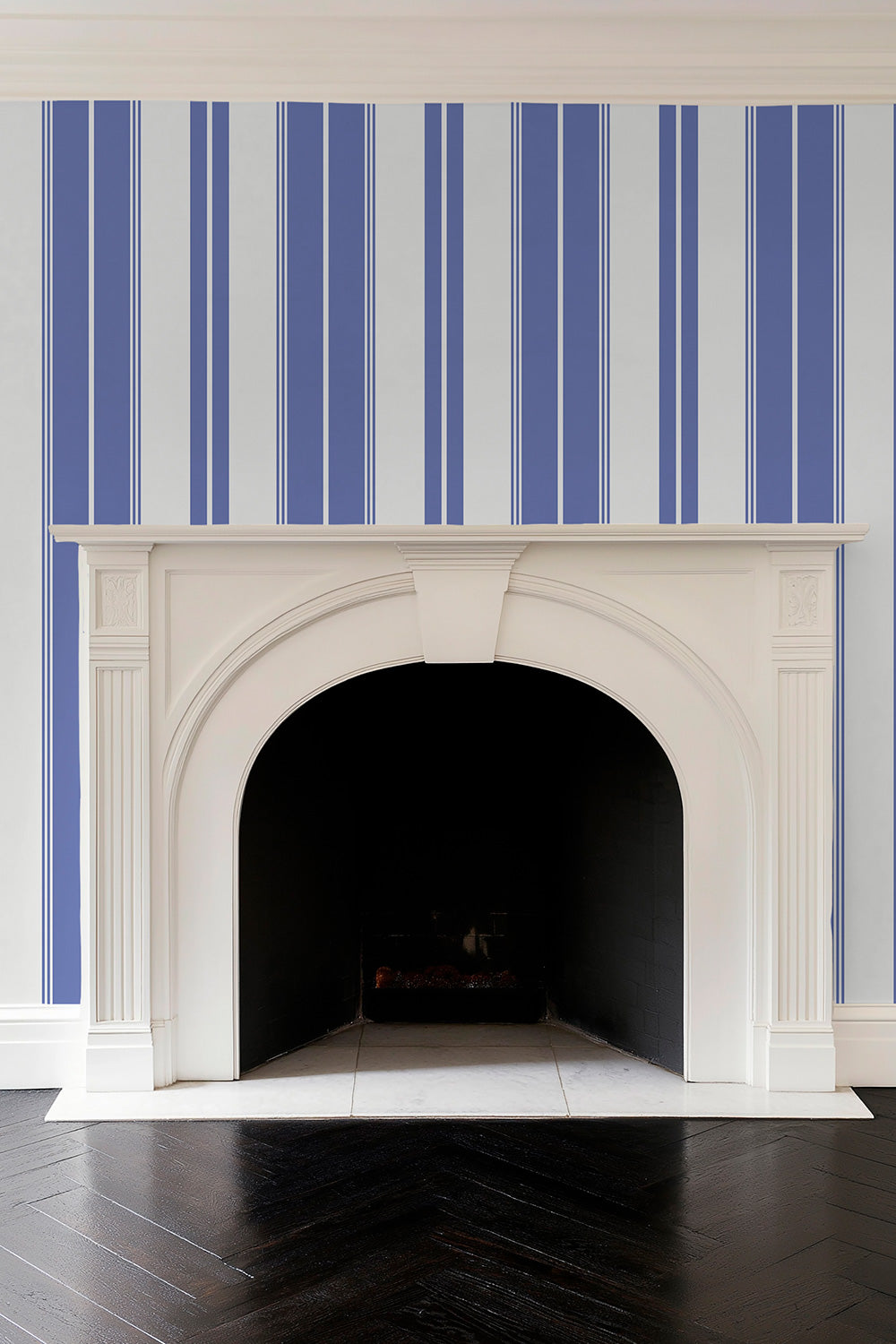 Estate Stripe grasscloth wallpaper with bold vertical stripes and natural woven texture, adding depth and tailored elegance to classic interiors in classic blue and white stripe, perfect for classic living rooms