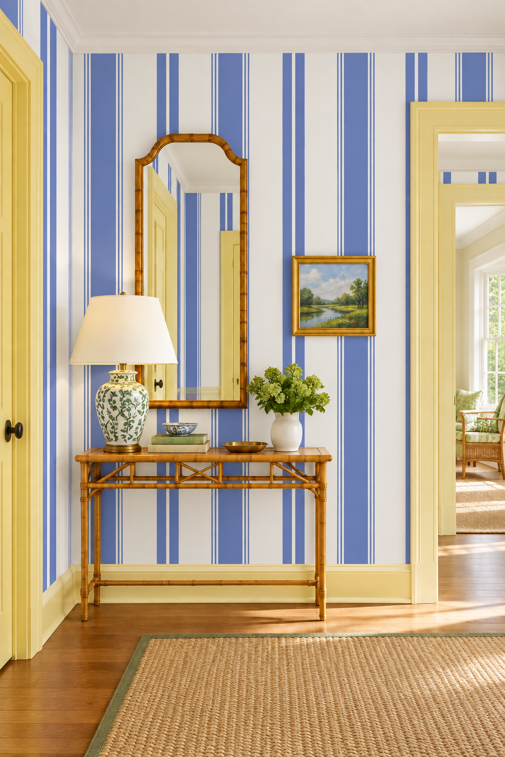 Estate Stripe grasscloth wallpaper with bold vertical stripes and natural woven texture, adding depth and tailored elegance to classic interiors in classic blue and white stripe, perfect for welcoming foyers and entryways