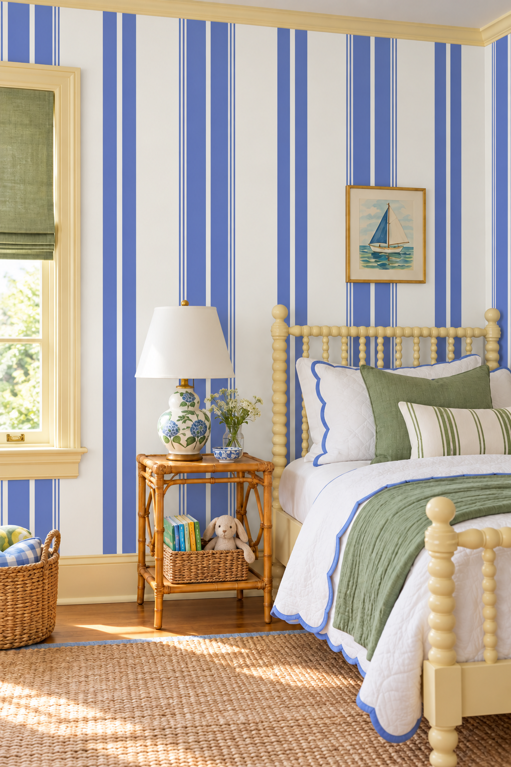 Estate Stripe performance vinyl wallpaper featuring bold vertical stripes with a durable, easy-care finish for high-traffic interiors in classic blue and white stripe for bathrooms, kid's bedrooms and playrooms