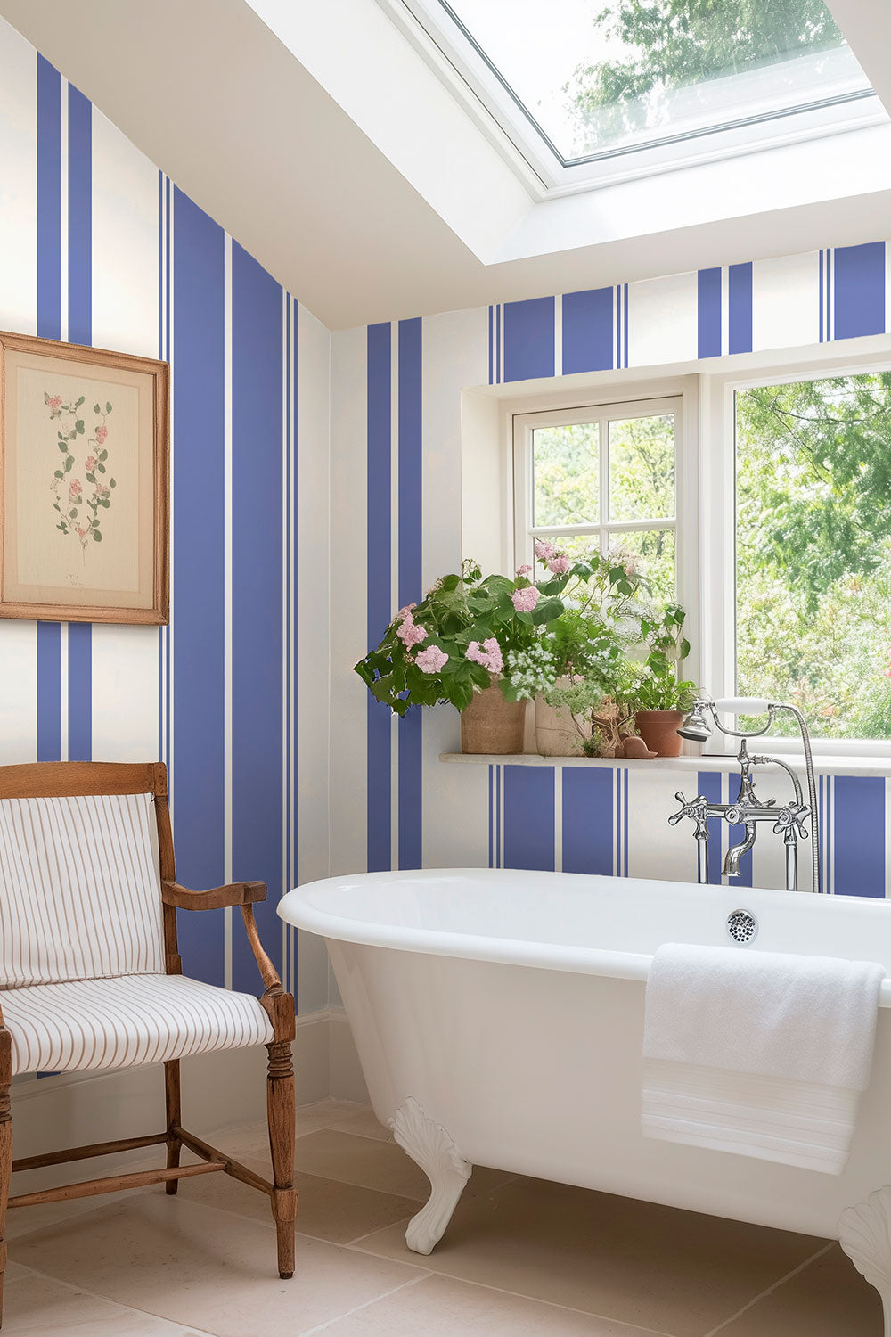 Estate Stripe performance vinyl wallpaper featuring bold vertical stripes with a durable, easy-care finish for high-traffic interiors in classic blue and white stripe for bathrooms